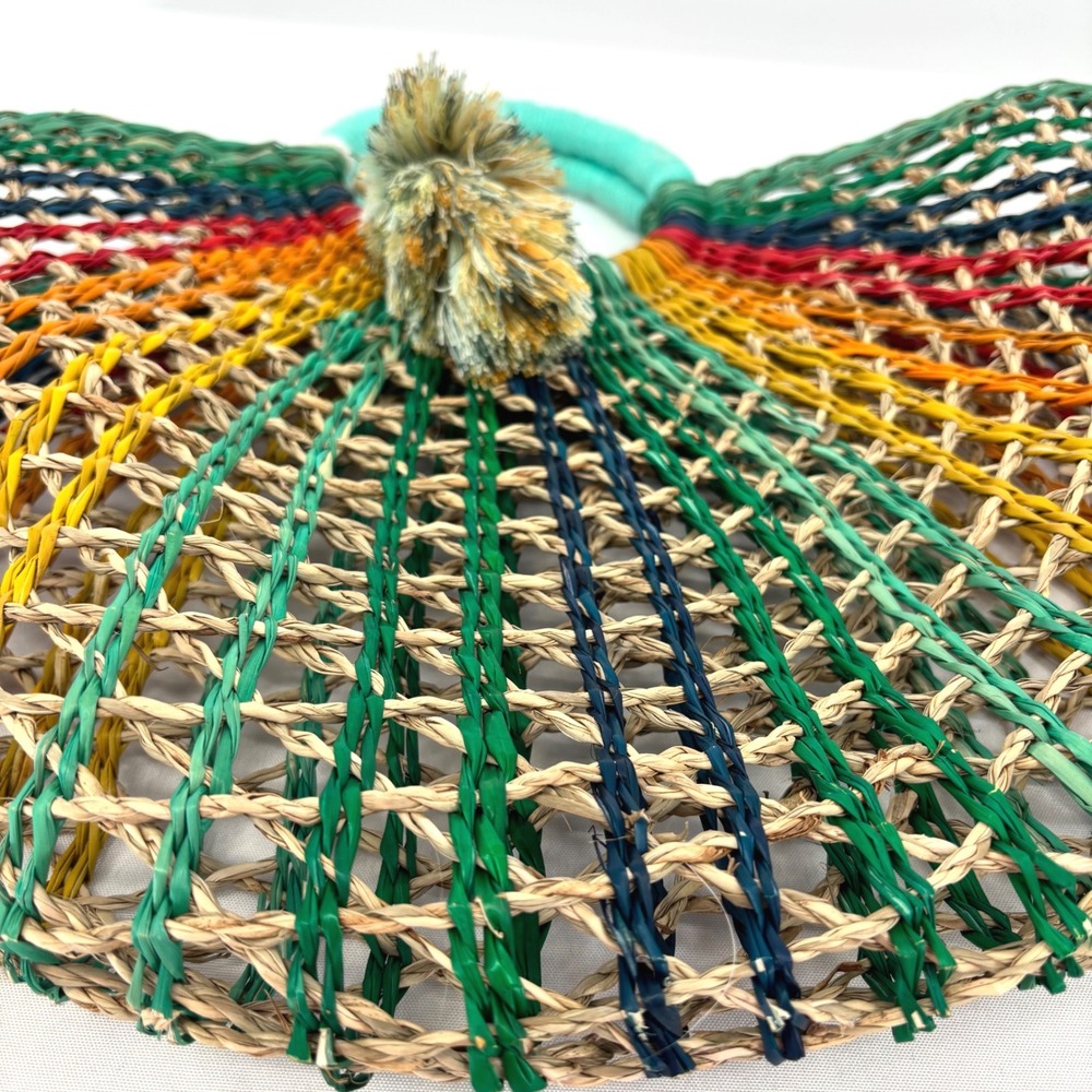 C&C California Rainbow Straw Tote Bag Woven Fan Handbag Multicolor Tassel Boho - Picture 2 of 4